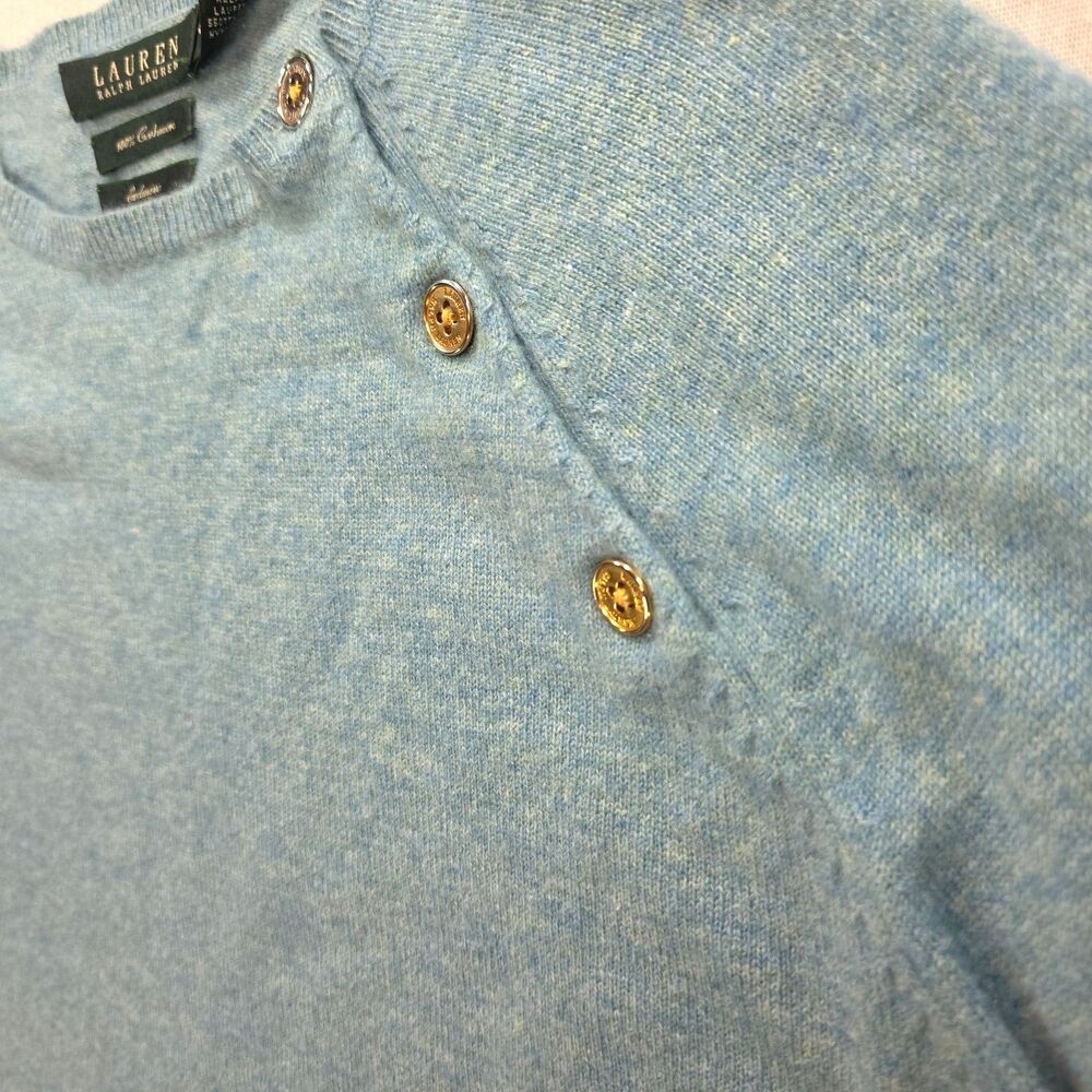 Lauren Ralph Lauren 100% Cashmere Sweater Blue Button Shoulder Women's Large - Picture 4 of 9